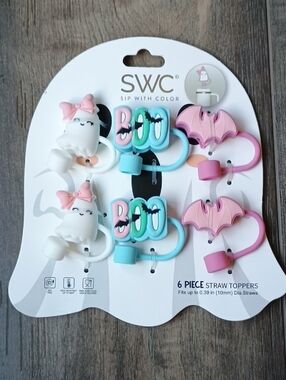 Kids Halloween Straw Toppers - Pink, Teal & White - 6-Pack